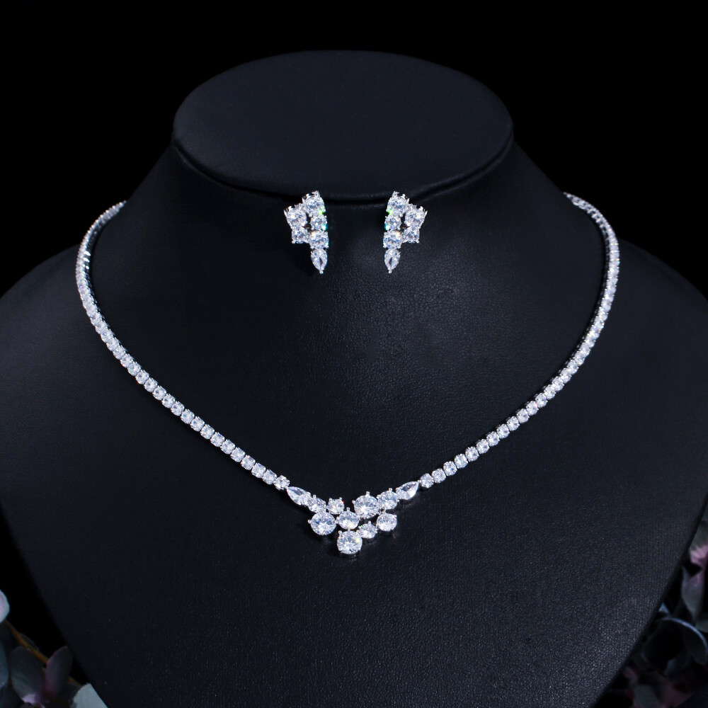Silver Plated Long Drop Earrings Wedding Necklace Cubic Zirconia CZ Jewelry Set