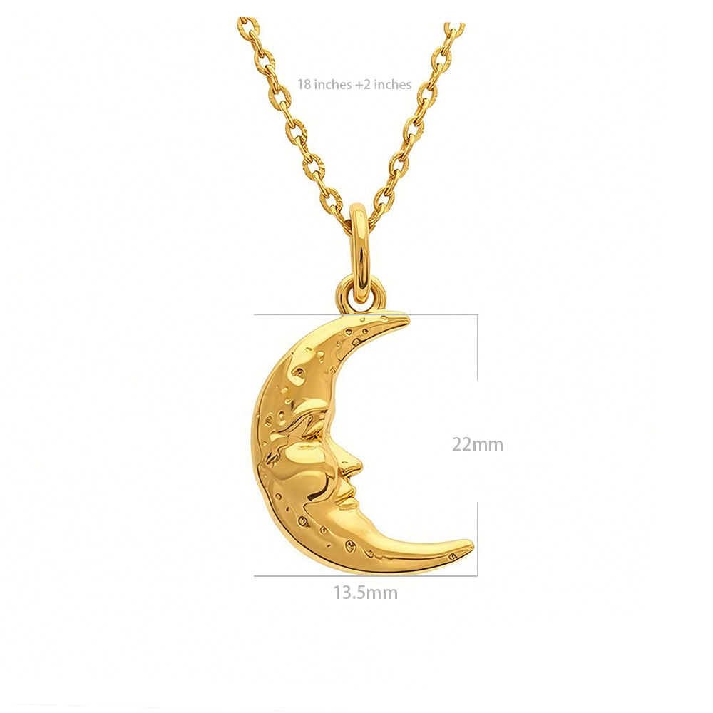 Solid Moon Pendant Necklace 14K Gold 3D Crescent Man Half Moon Charm Astrology