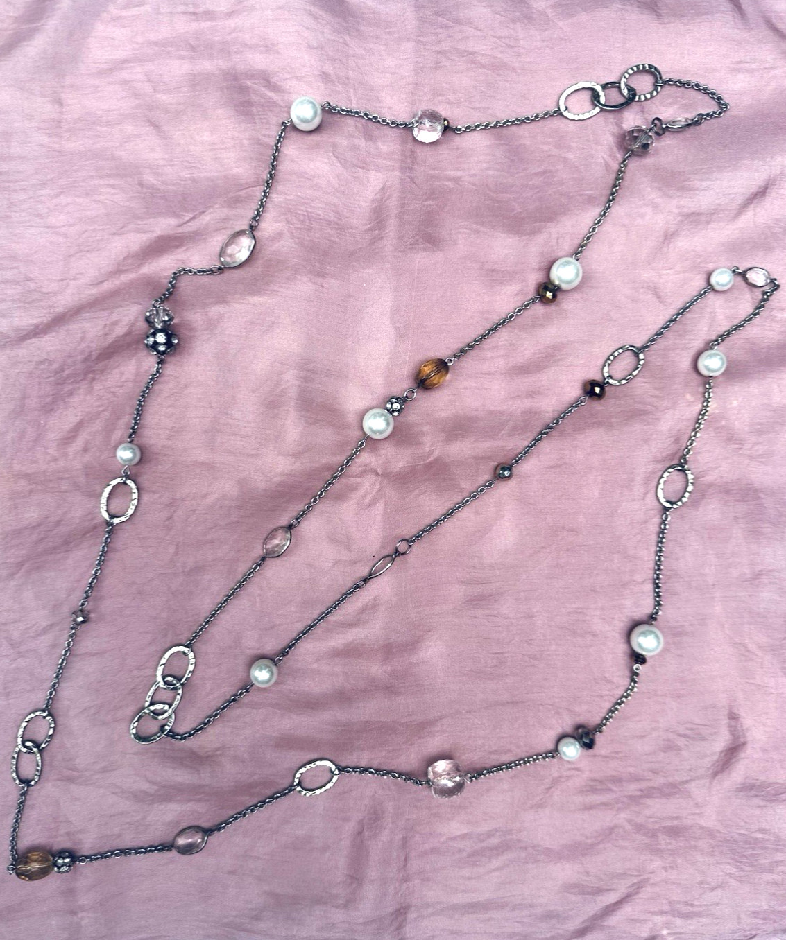 Silver Tone Vintage Style 72” Pearl Clear Crysta Station Necklace Hammered Link