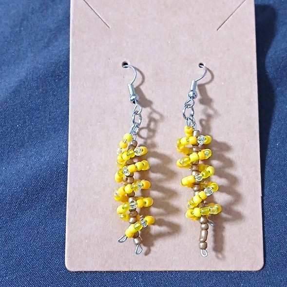 Yellow Beaded Dangle Drop Hook Earrings #0007