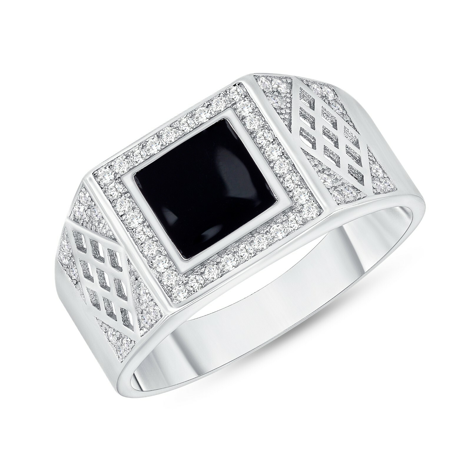 925 Sterling Silver Black Square Pave Cz Men’s Ring Rhodium Plated Nickel Free