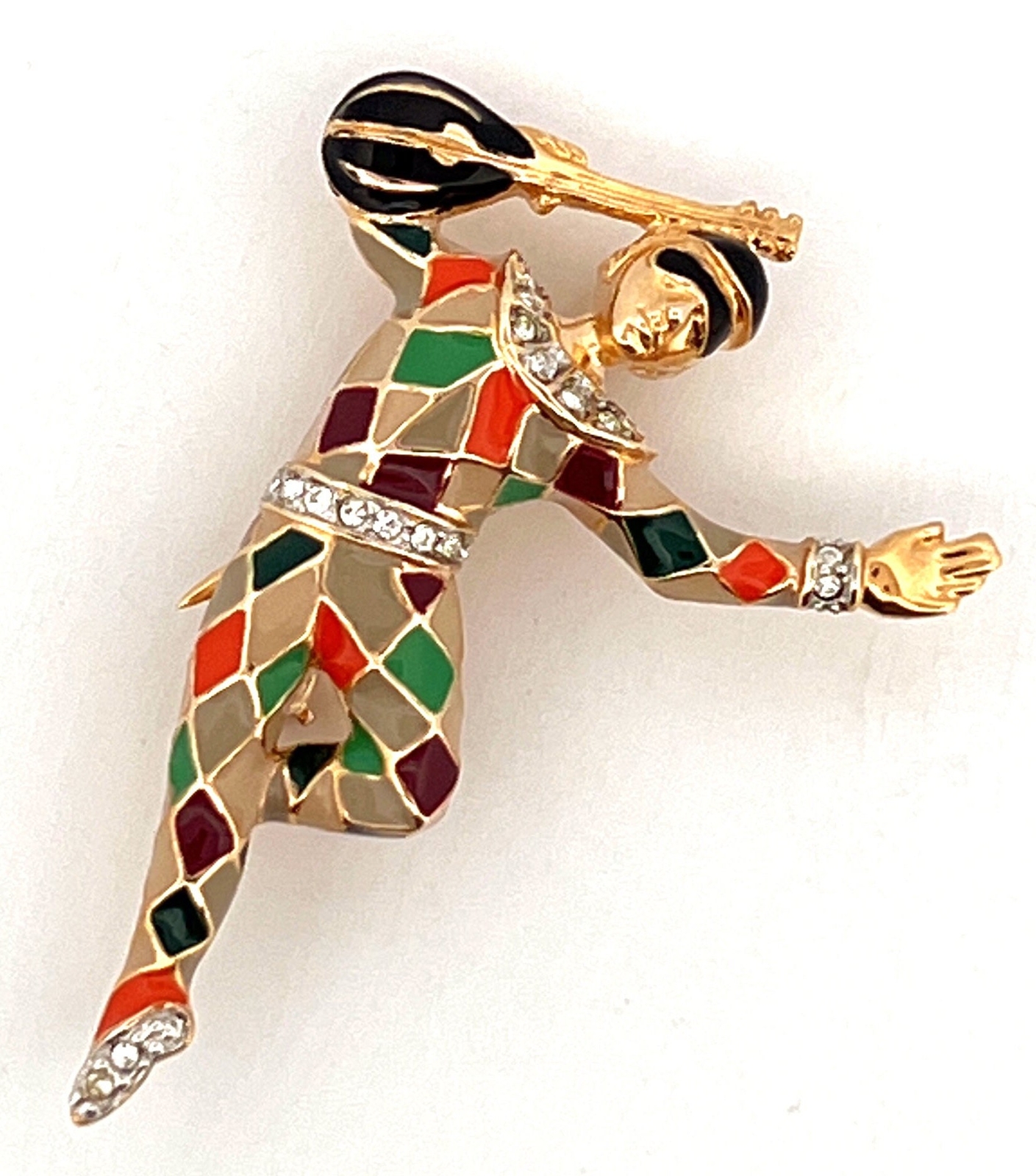 Dancing Harlequin Brooch Gold Plated Metal Alloys With Enamel & Czech Crystals