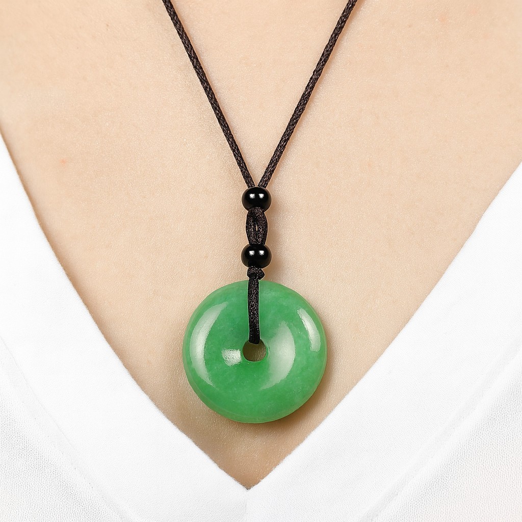 Feng Shui Green Jasper Safety Button Peace Donut Lucky Pendant Necklace Amulet
