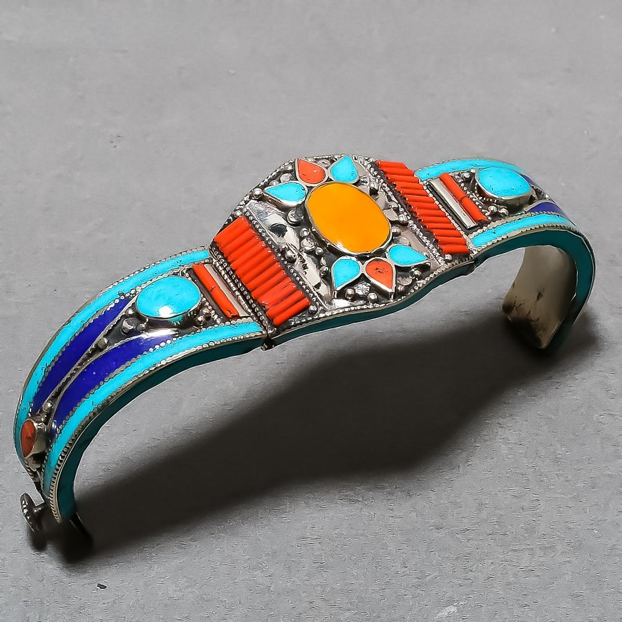 Yellow Coral Turquoise Lapis Lazuli Cuff Statement Vintage Nepali Jewelry NC 731