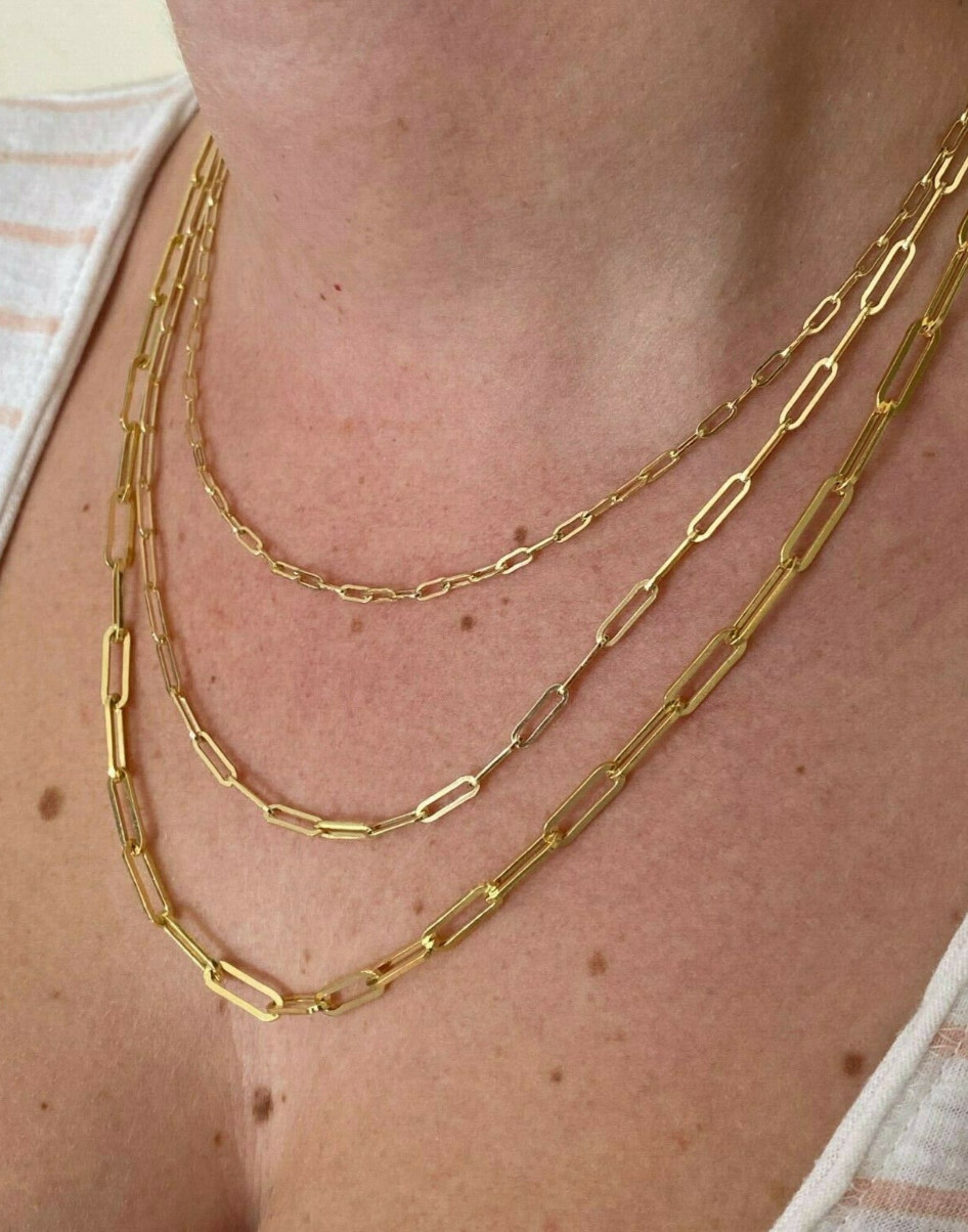 14k Gold Plated Solid 925 Sterling Silver 3mm Paperclip Rolo Chain Necklace