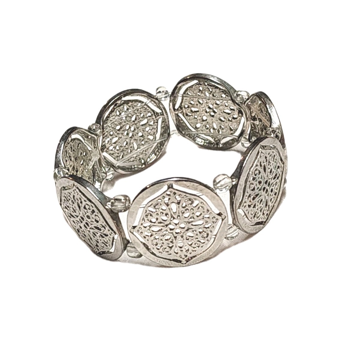 Silver Tone Filigree Round Coin Medallion Stretch Cuff Bangle Bracelet 7″ Boho