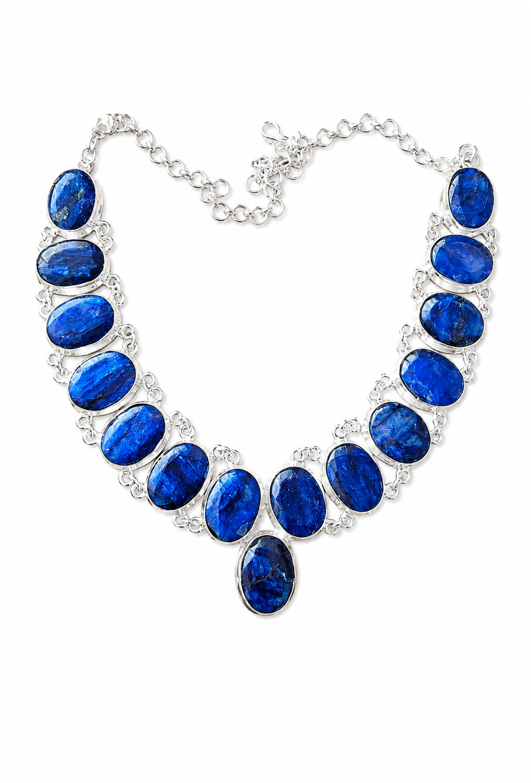 Sterling Silver Oval Gemstone Statement Necklace, Bridal Jewelry, Pear Cut Sapph