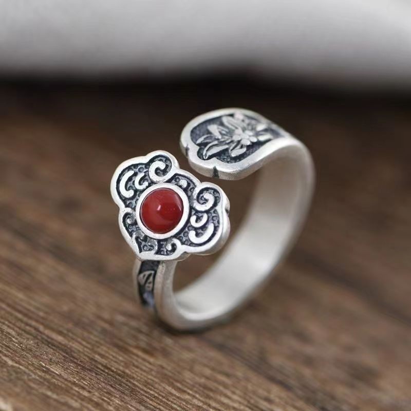 Silver Women’s Ring with Natural NanHong Agate Ruyi Motif One Size Fit All
