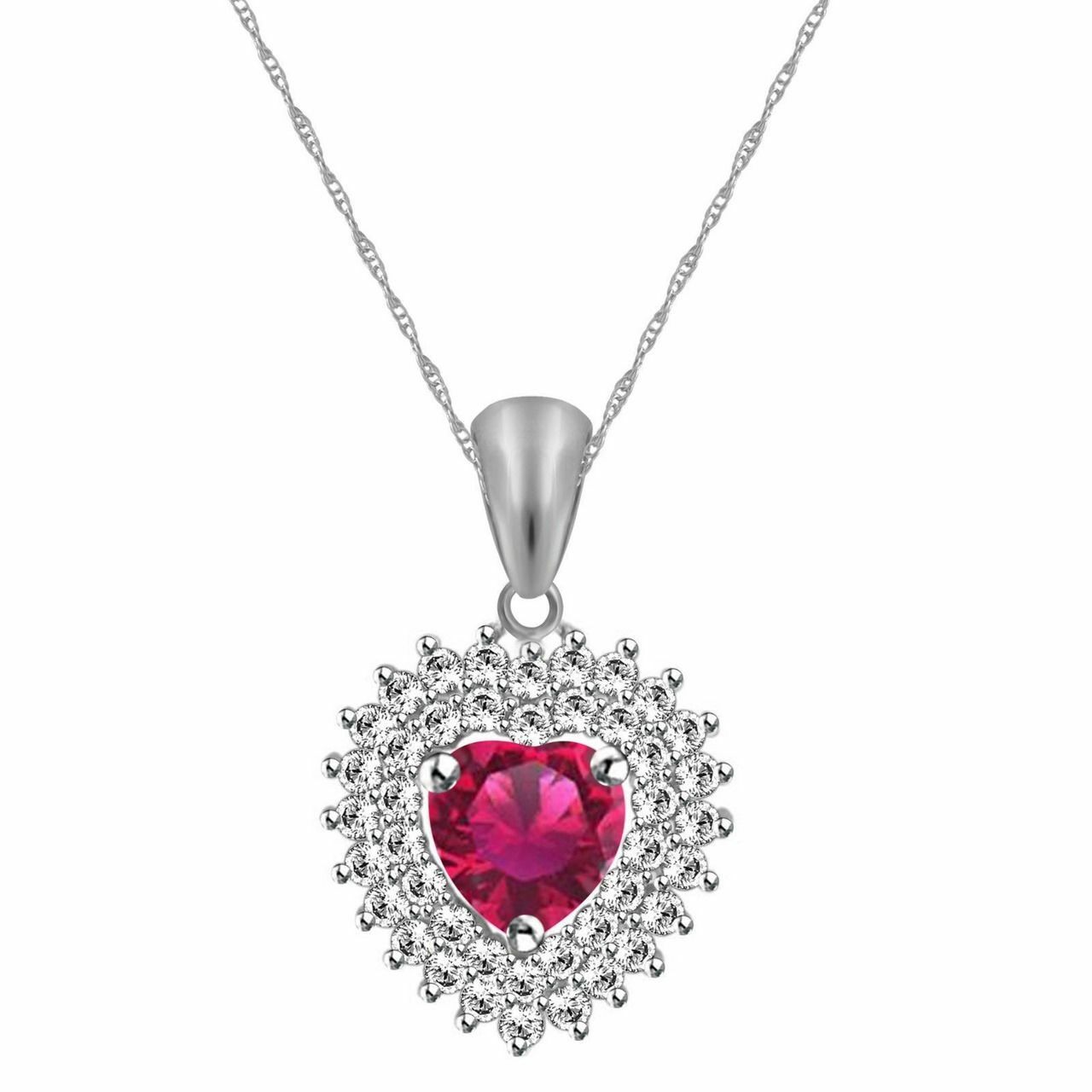 Created Pink Topaz Heart Pendant w/Chain 14K White Gold Plated Sterling Sliver