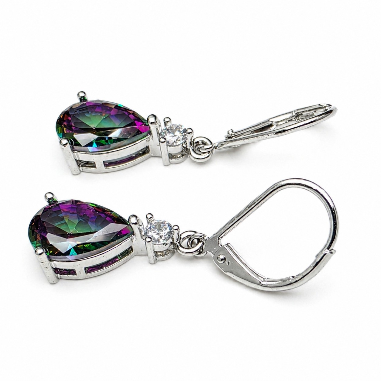 Teardrop Mystic Topaz Drop Earrings – Iridescent Pear Cut w/ CZ Silver Leverback