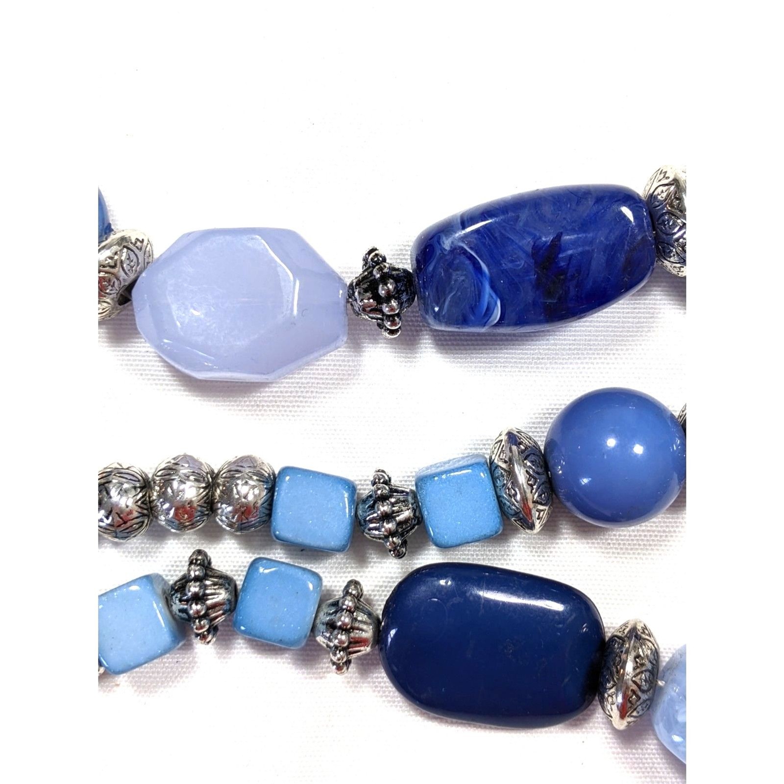 Chunky 3 Strand Necklace Festival Boho Statement Bib Blue Silver Beaded Western