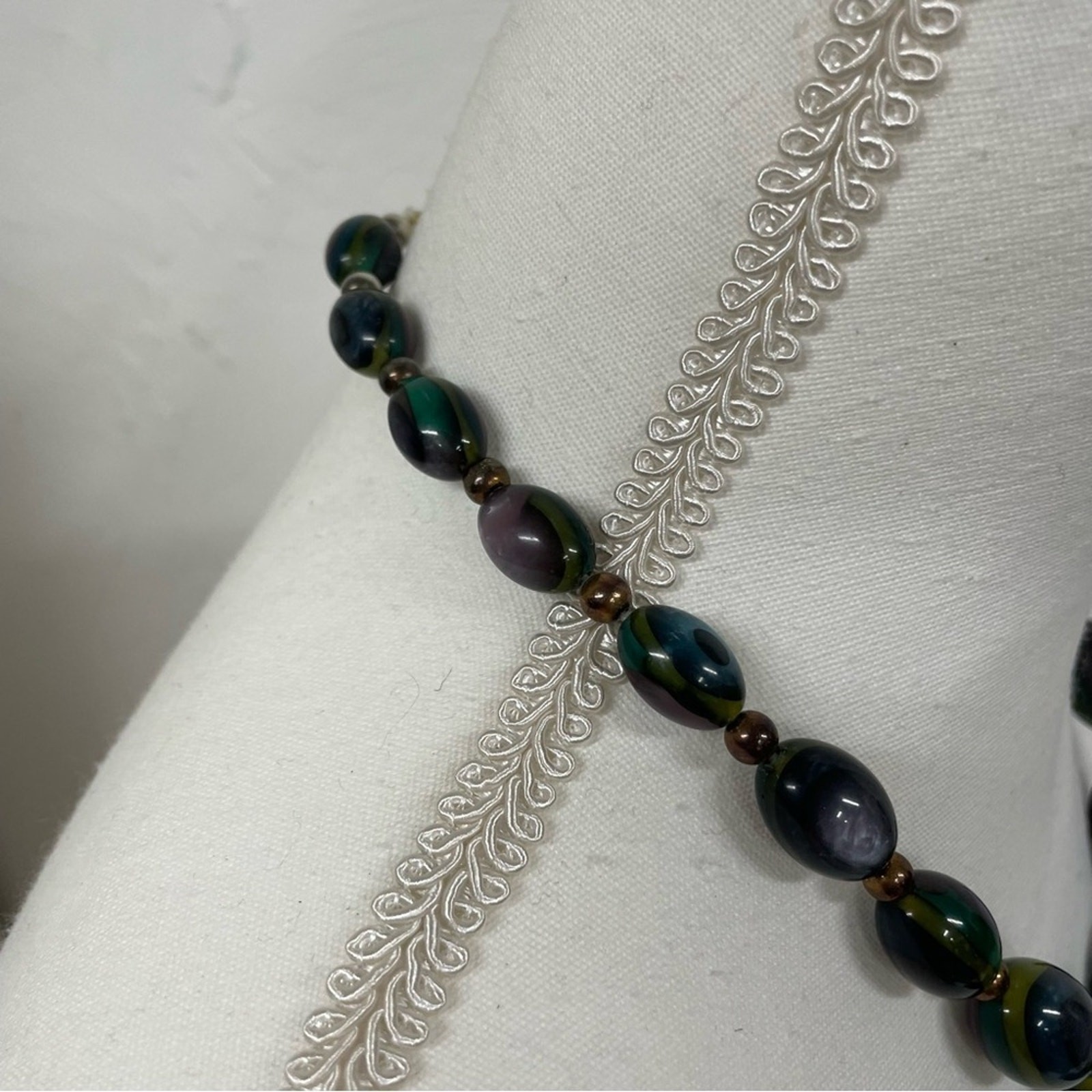 Blue & Green Glass Beads Necklace Silver Tone Chunky Artsy Boho