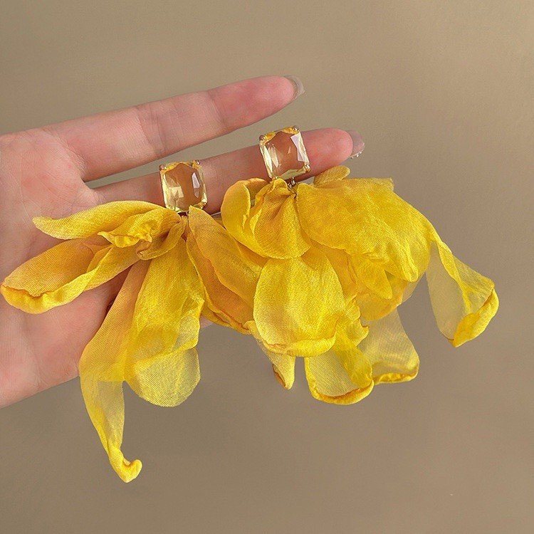 Fabric Metal Yellow Flower Dangle Drop Earrings Simulated Crystal Push Back