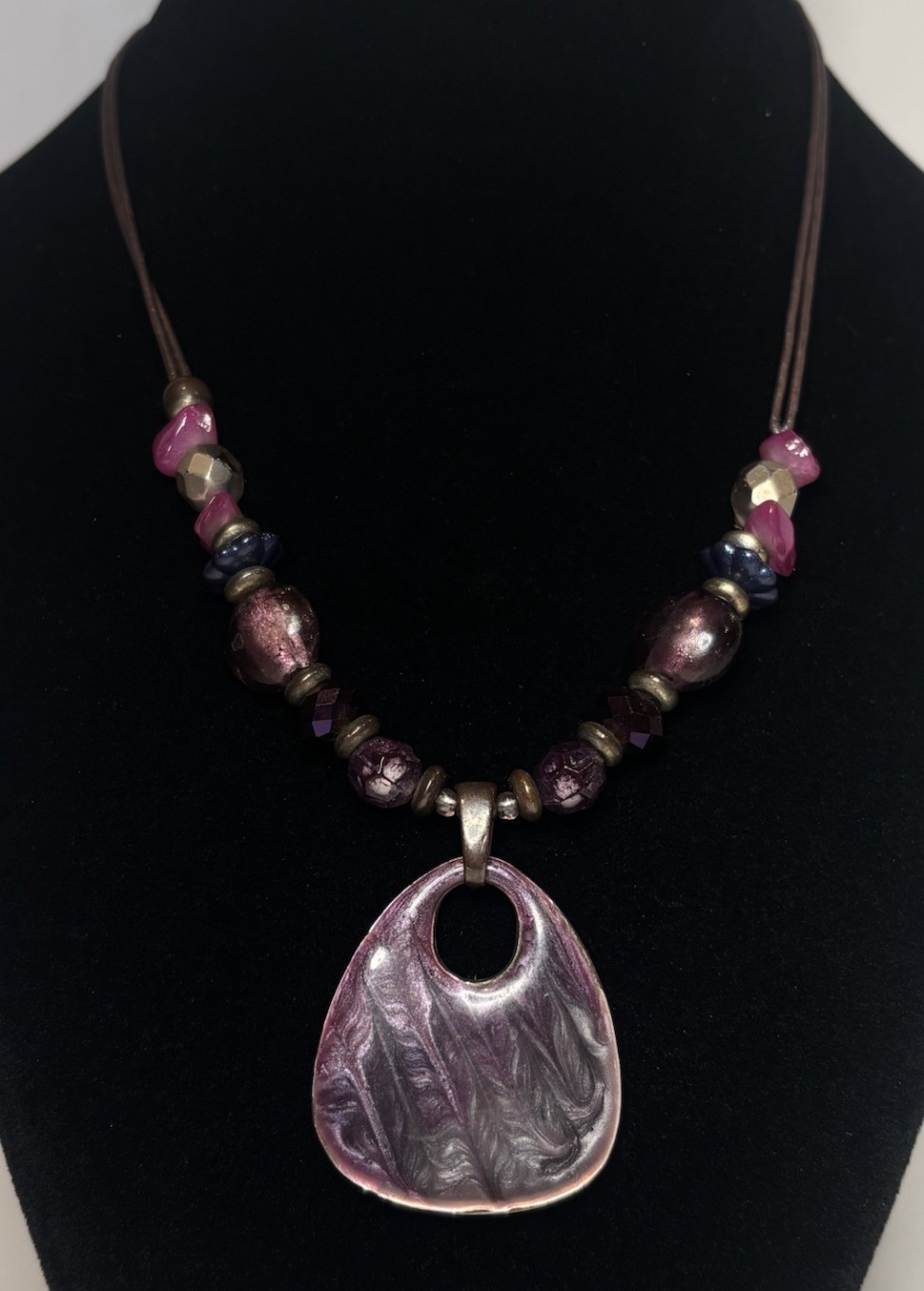 Purple Gemstone Necklace Glass Bead 20” Enameled Metal Pendant Boho