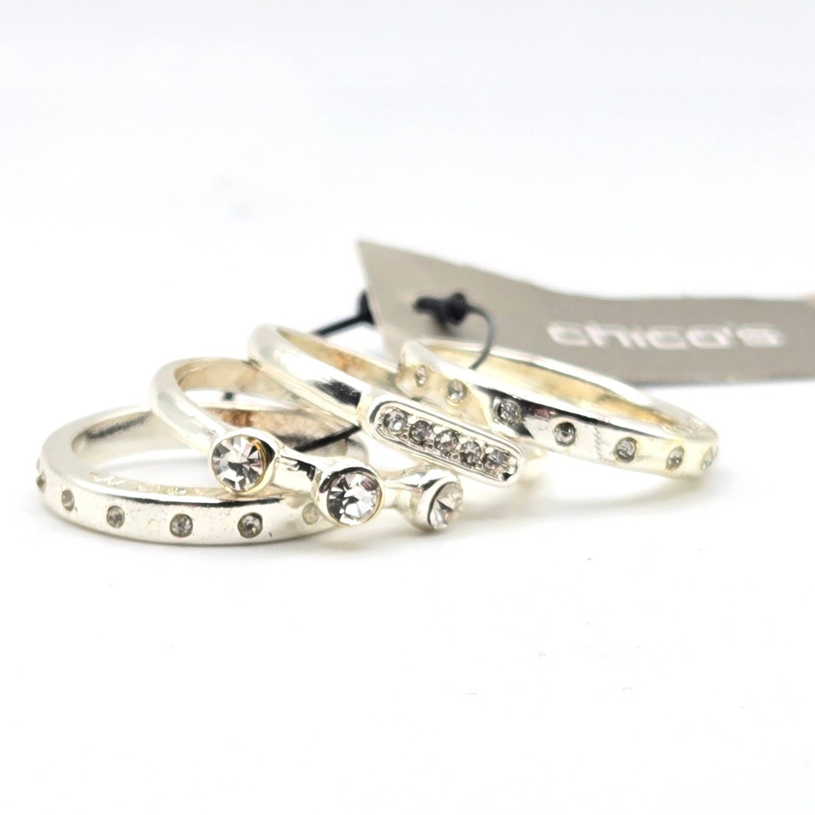 Chicos Grace Ring Set 4 Stackable Silver Tone Crystal Bands Size 7 NWT