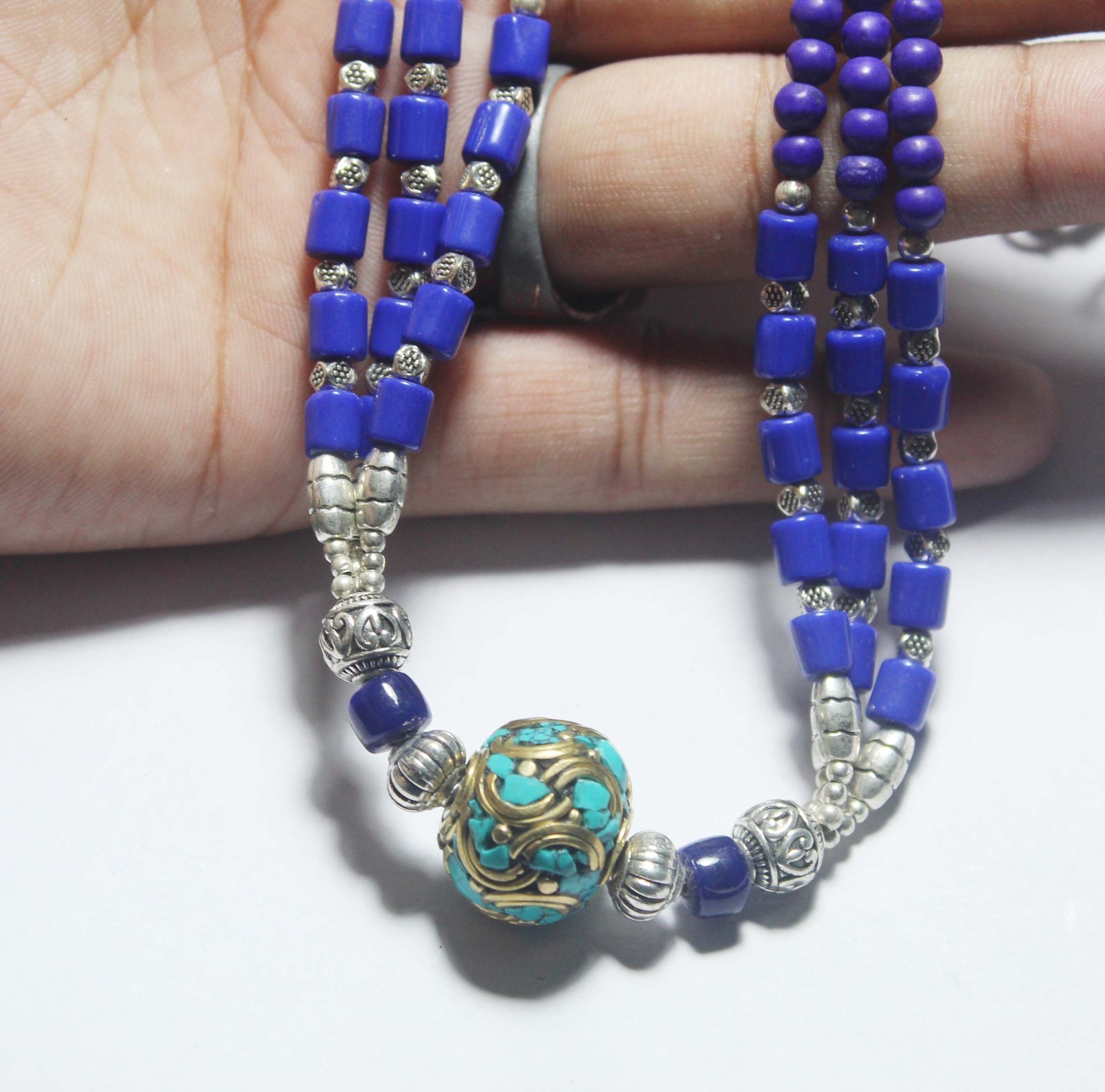 Tibetan Turquoise Lapis Lazuli Gemstone Handmade Nepali Necklace size 18 Inches