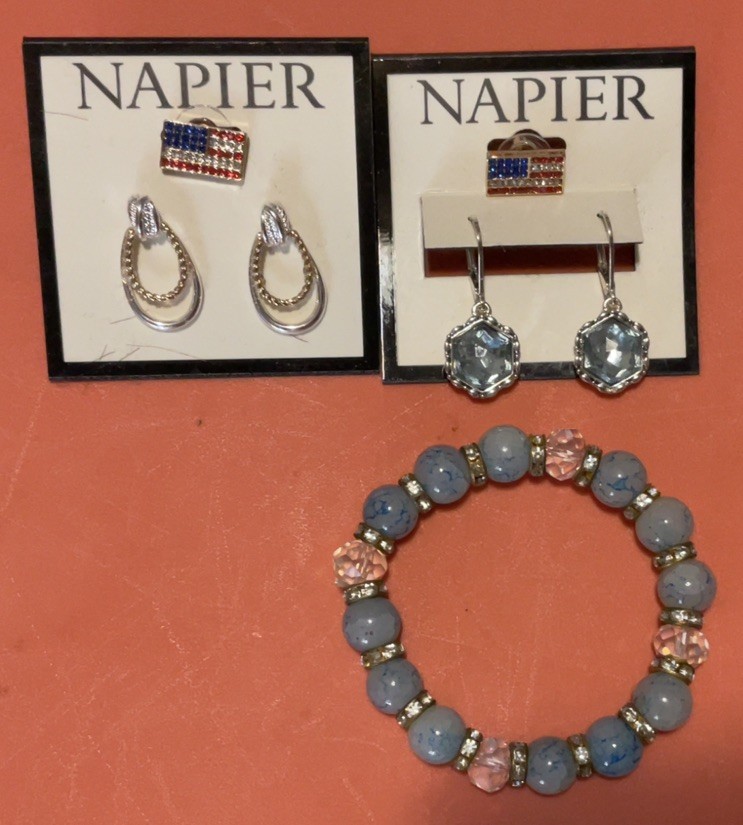3 earrings Napier and one stretchy crystal and bead bracelet, adult
