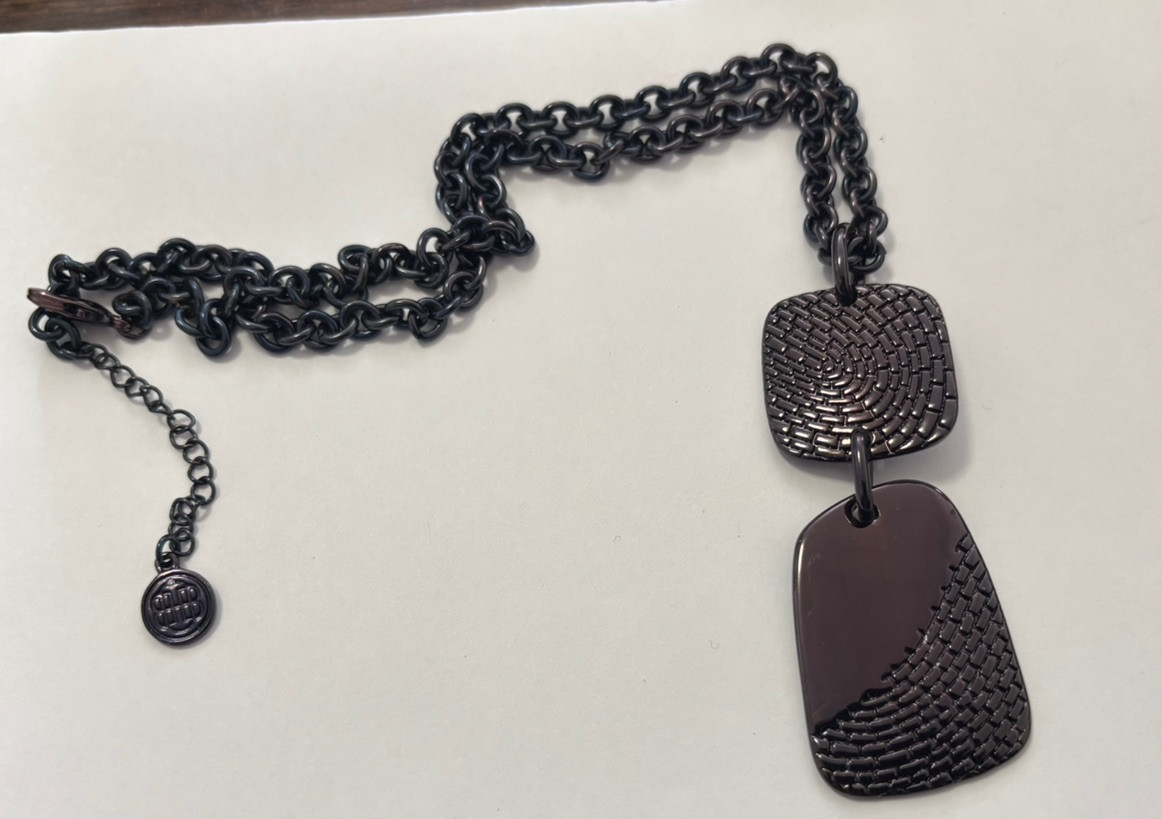 Bill Blass Black 3” Pendant On 16” Long 2” Ext. Chain Necklace