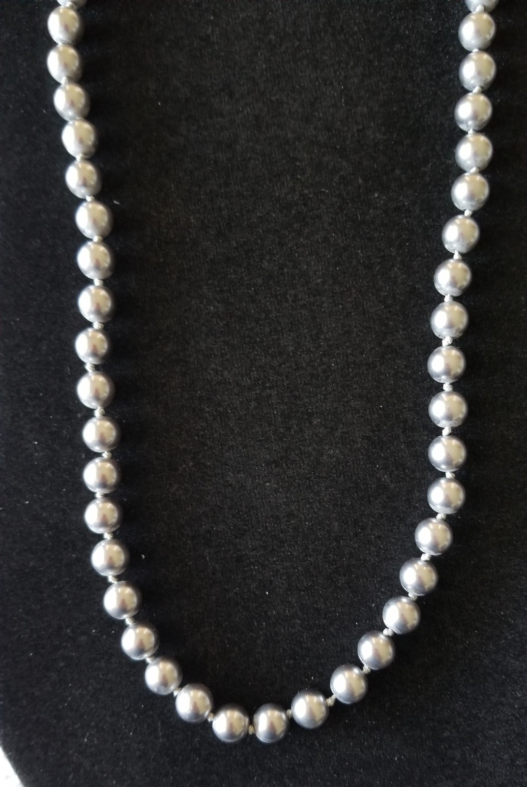 Nolan Miller Signed Faux Gray Knotted Pearls with Rhinestone Clasp Necklace
