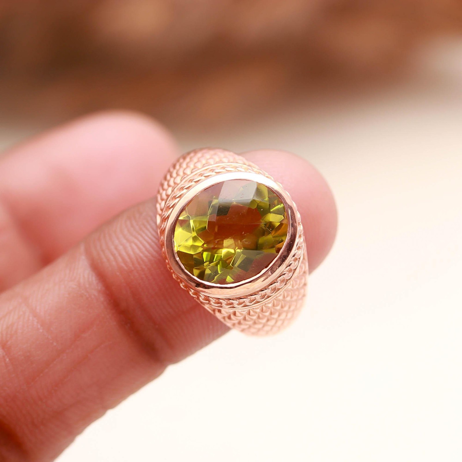 100% Natural Lemon Quartz Oval Ring Rose Gold Plated 925 Sterling Silver Jewelry