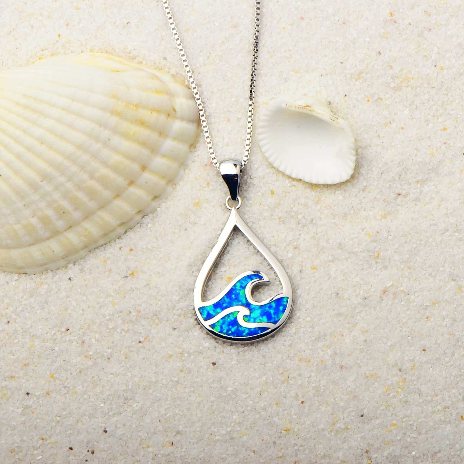 Hawaii Blue Fire Opal sea Wave Necklace pendants Silver Filled For Women Girls