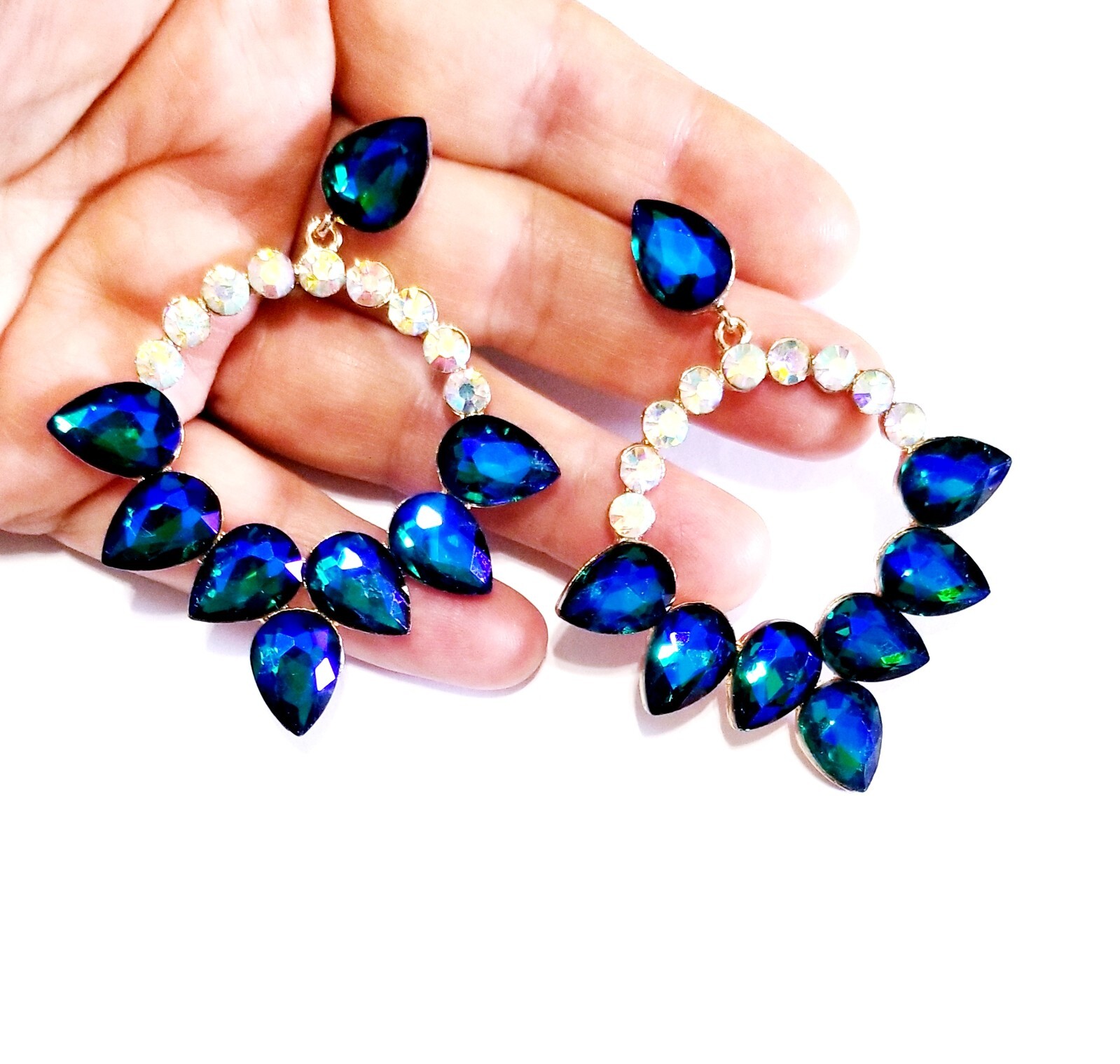 Color-shift Drop Dangle Chandelier Rhinestone Crystal Pageant Prom Earrings 2.9″