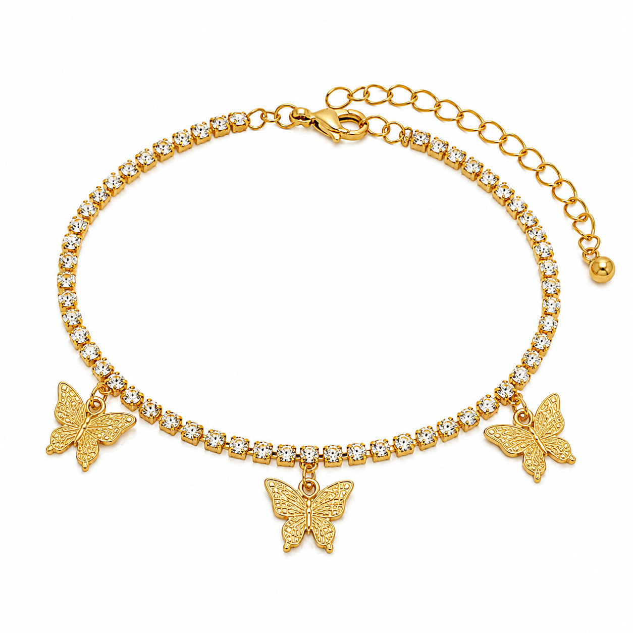 Golden Glow Butterfly Charm Anklet Gold Plated Adjustable Rhinestone