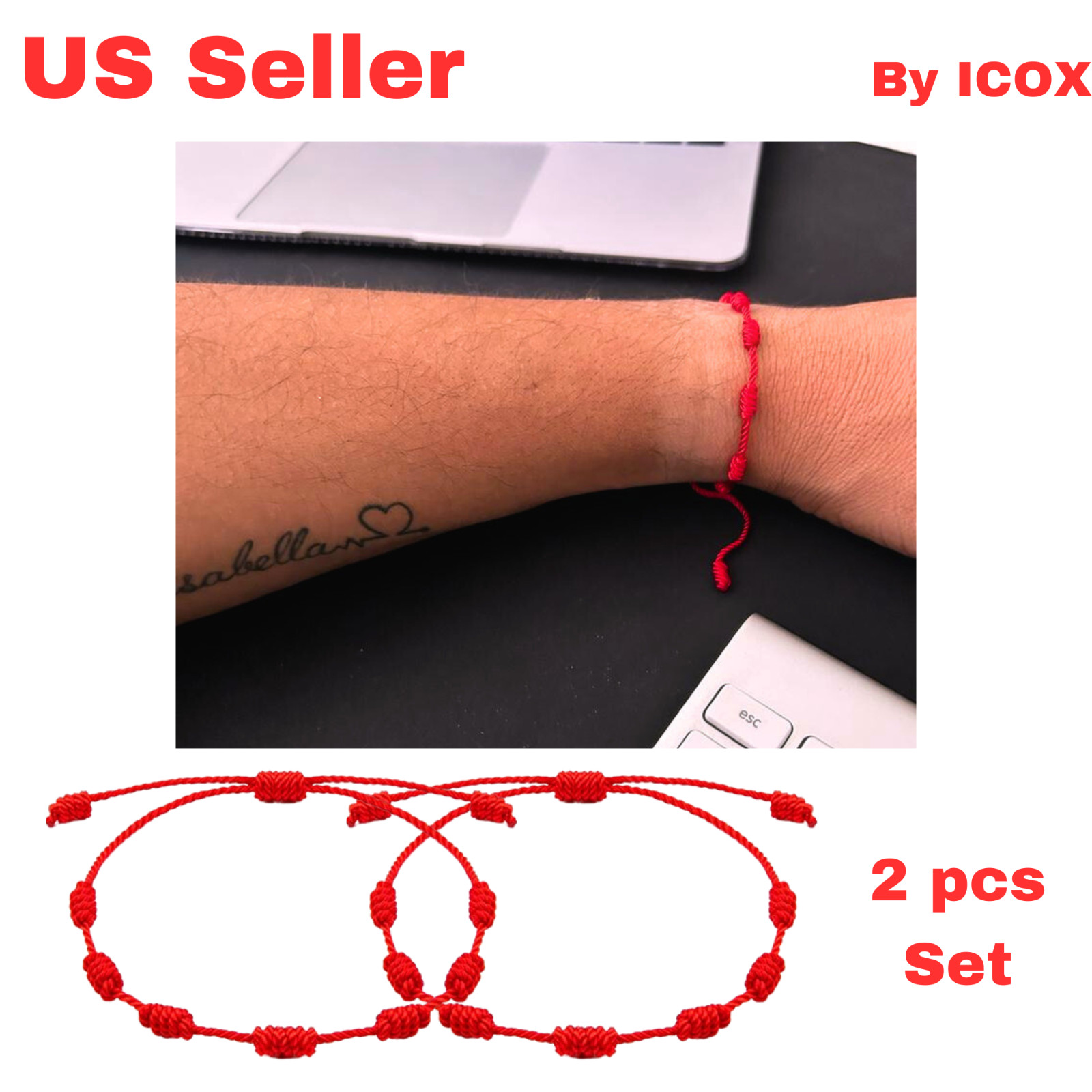 (2 Pack) 7 nudos Pulsera Roja Protección del Mal de Ojo Buena Suerte Ajustable