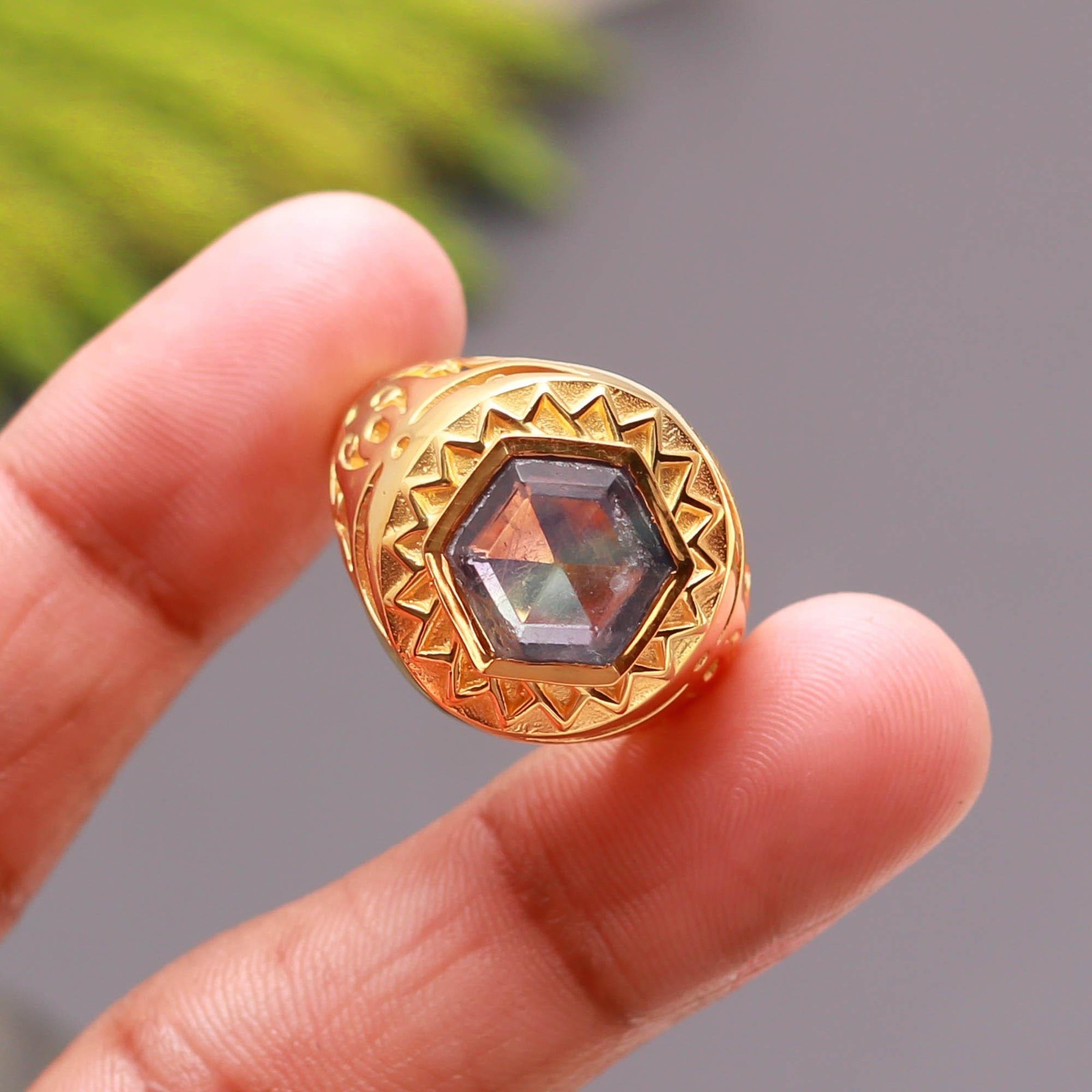 Natural Rainbow Fluorite Hexagon Ring 925 Sterling Silver Gold Filled Jewelry