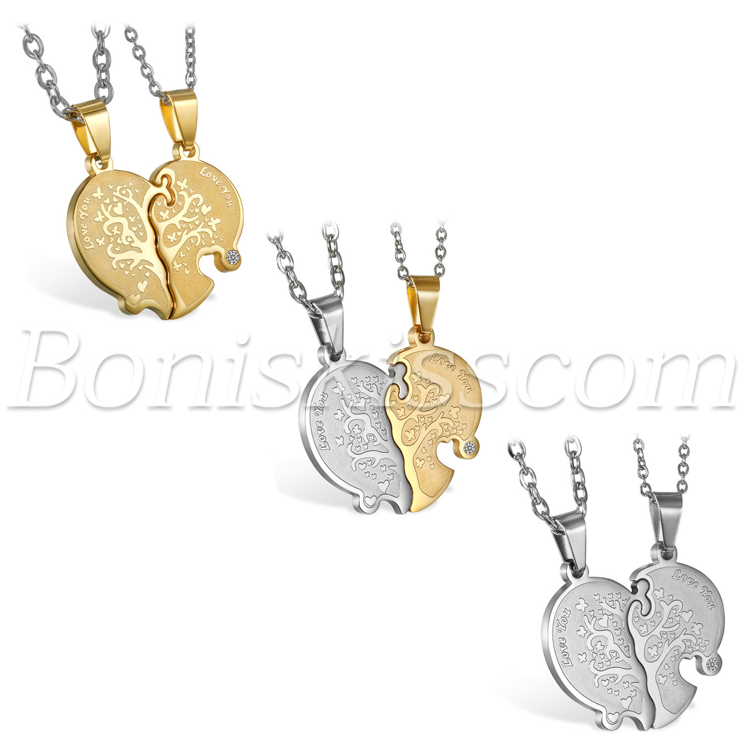 Couple Stainless Steel Love you Heart Puzzle Tree of Life Pendant Necklace Chain