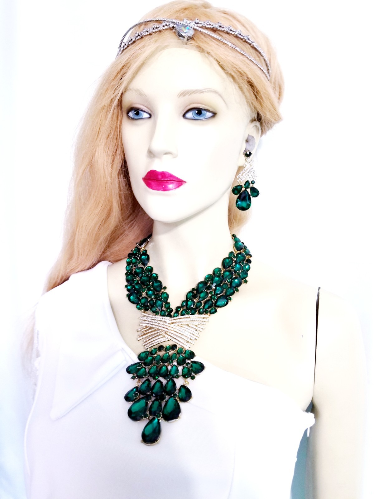 Green X Large Necklace Choker Earring Set Rhinestone Crystal Drag