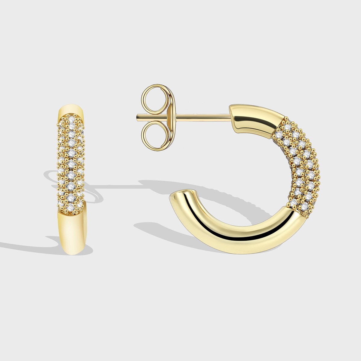 18K Gold Plated Illusion stud earrings, CZ pave open hoop earrings JWCY25
