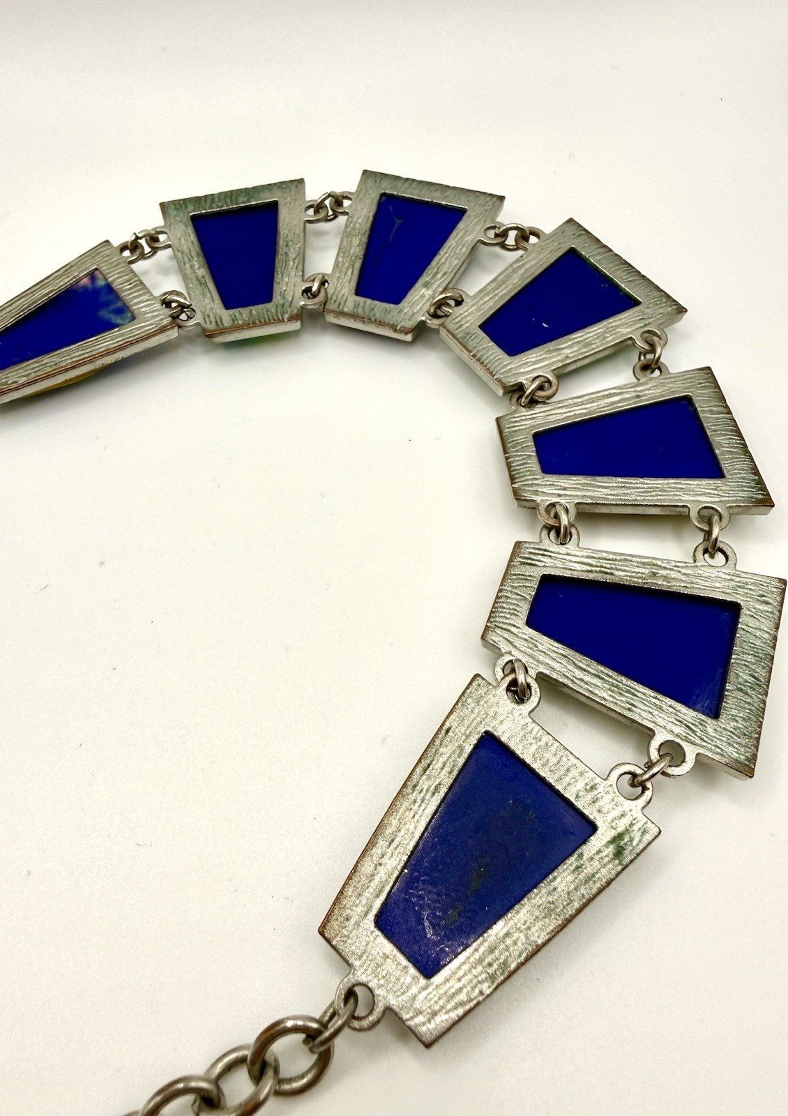Artisan Dichroic Fused Glass Statement Necklace Geometric Iridescent Green Blue