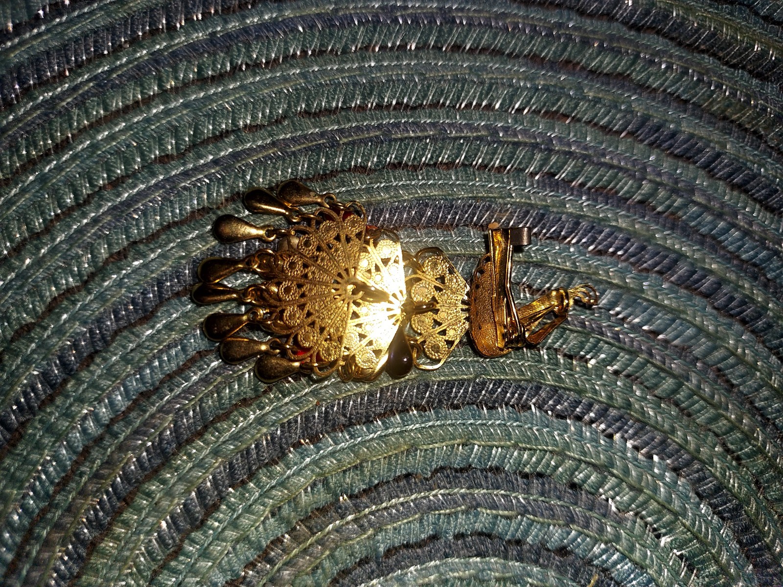 Gold Tone Peacock Bird Brooch Pin Metal Red Green Blue Accents Dangles Vintage