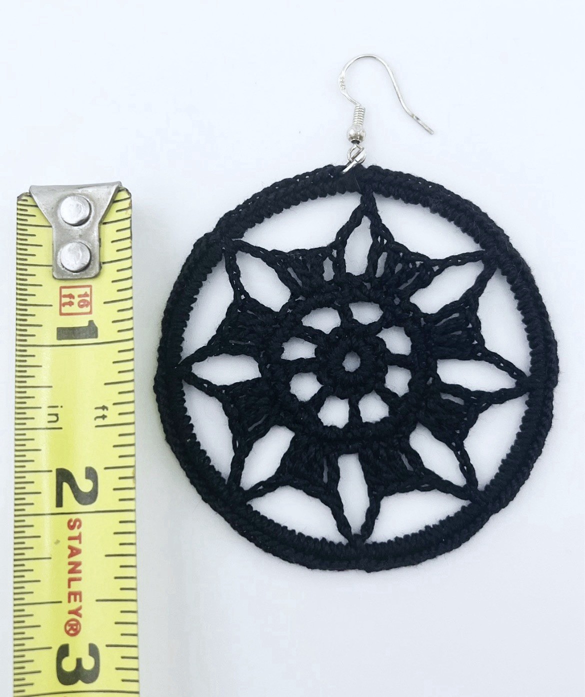 Artisan Black Crochet Weave Hoop Dangle 3” 925 Earrings – Handmade Lithuania