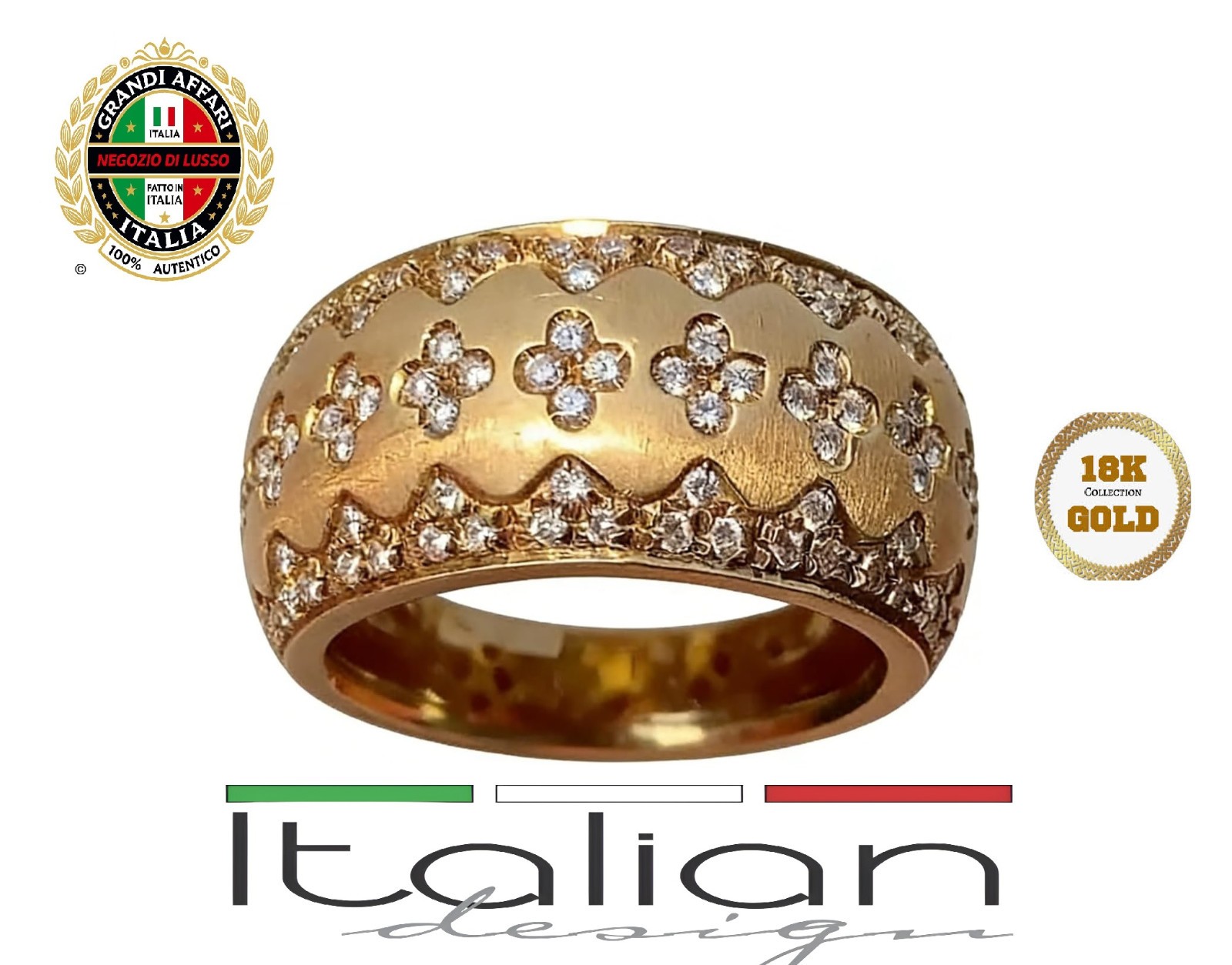 Italian 18k GoldHandmade Ring Diamond Cut Zirconia Luxury Elegant Size 7.0 New