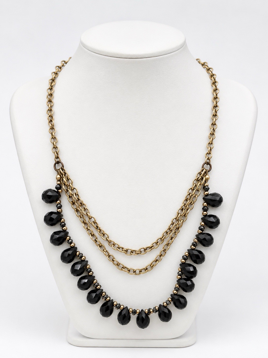 Layered Black Faceted Bead Necklace Antique Gold Tone Statement Bib Necklace