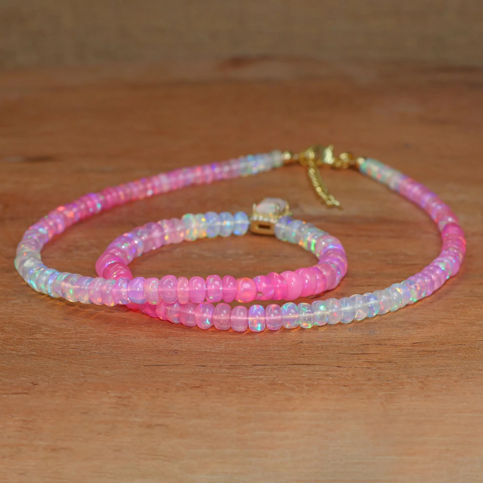 Pink Opal Shaded Smooth Beads Charm Necklace, Ethiopian Octagon Opal Necklace