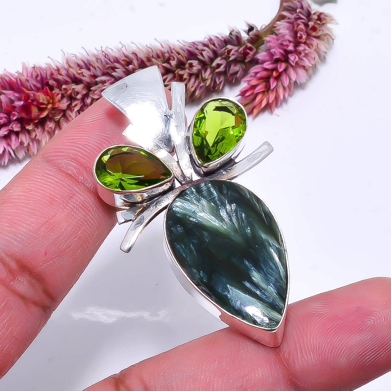 Seraphinite – Russia & Peridot Handmade 925 Sterling Silver Pendant 2.03″ P21