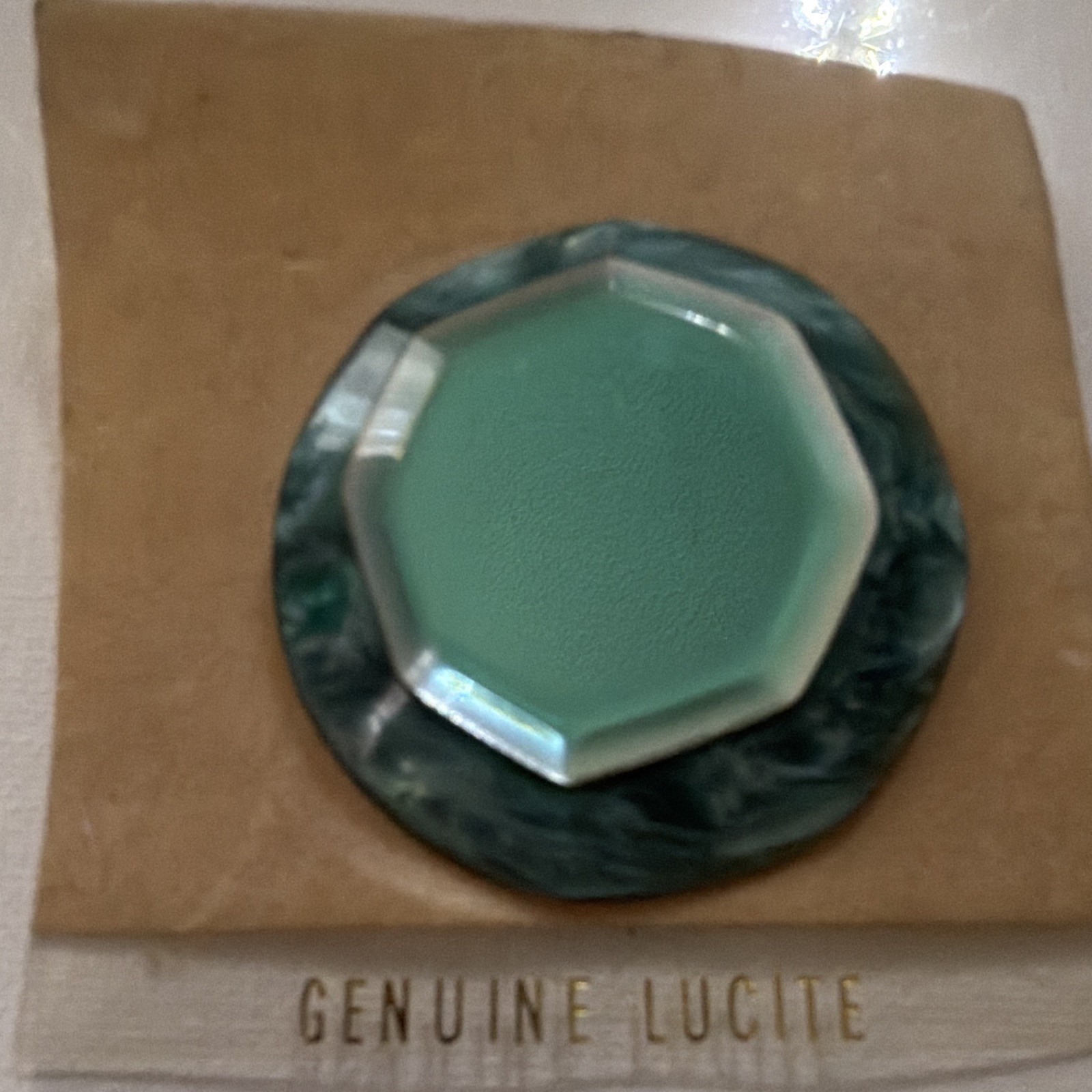 Genuine Green Lucite Octagon Brooch Pin, Bezel Set, Made in Taiwan