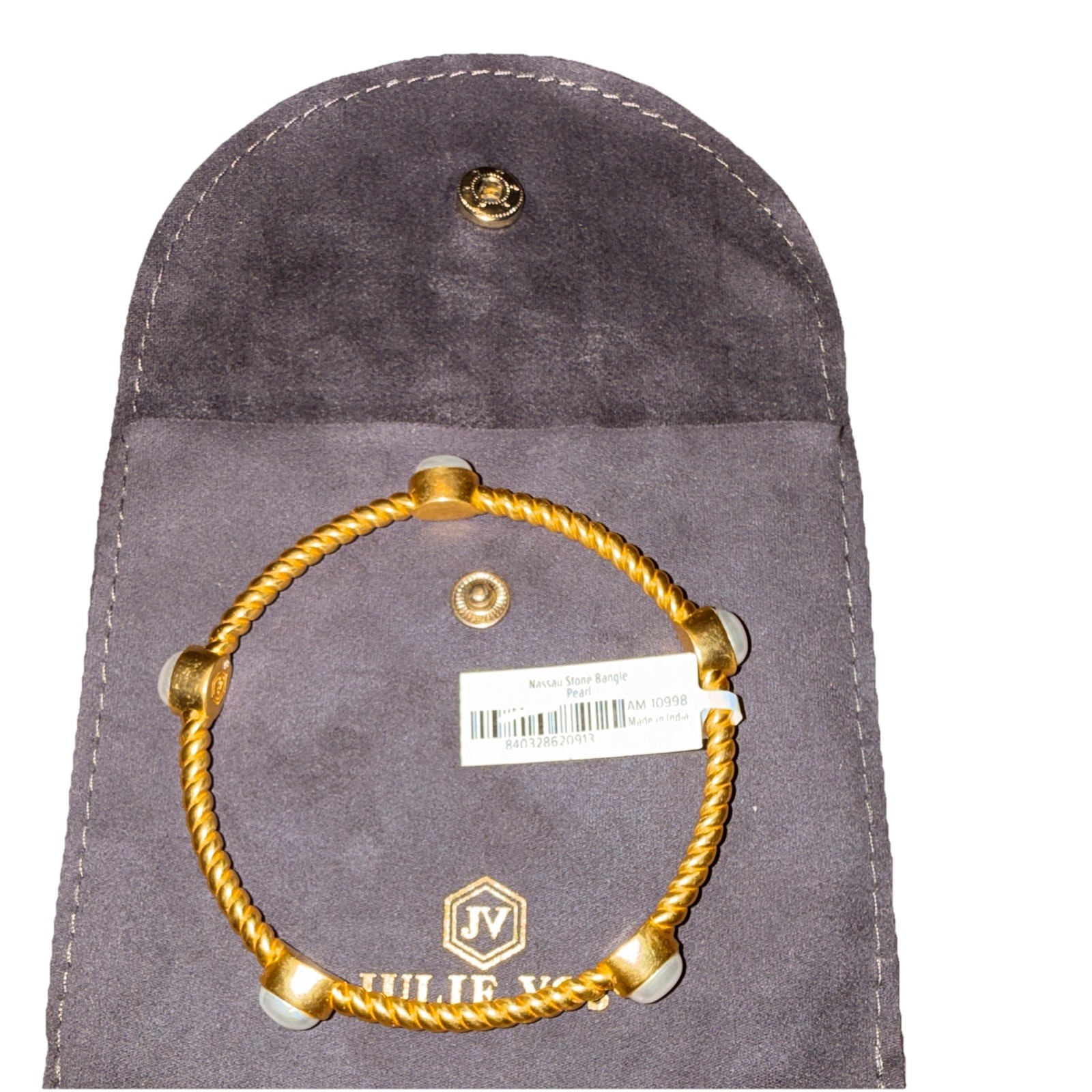 Julie Vos Yellow 24K Gold Plated Twisted Bangle Bracelet w/ 5 White Pearls Bezel