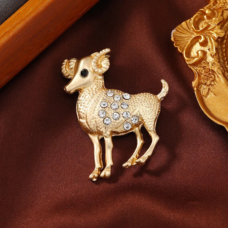 Women Matte Gold Color Zodiac Brooch Fashion Simple Rhinestone Animal Badges Pin