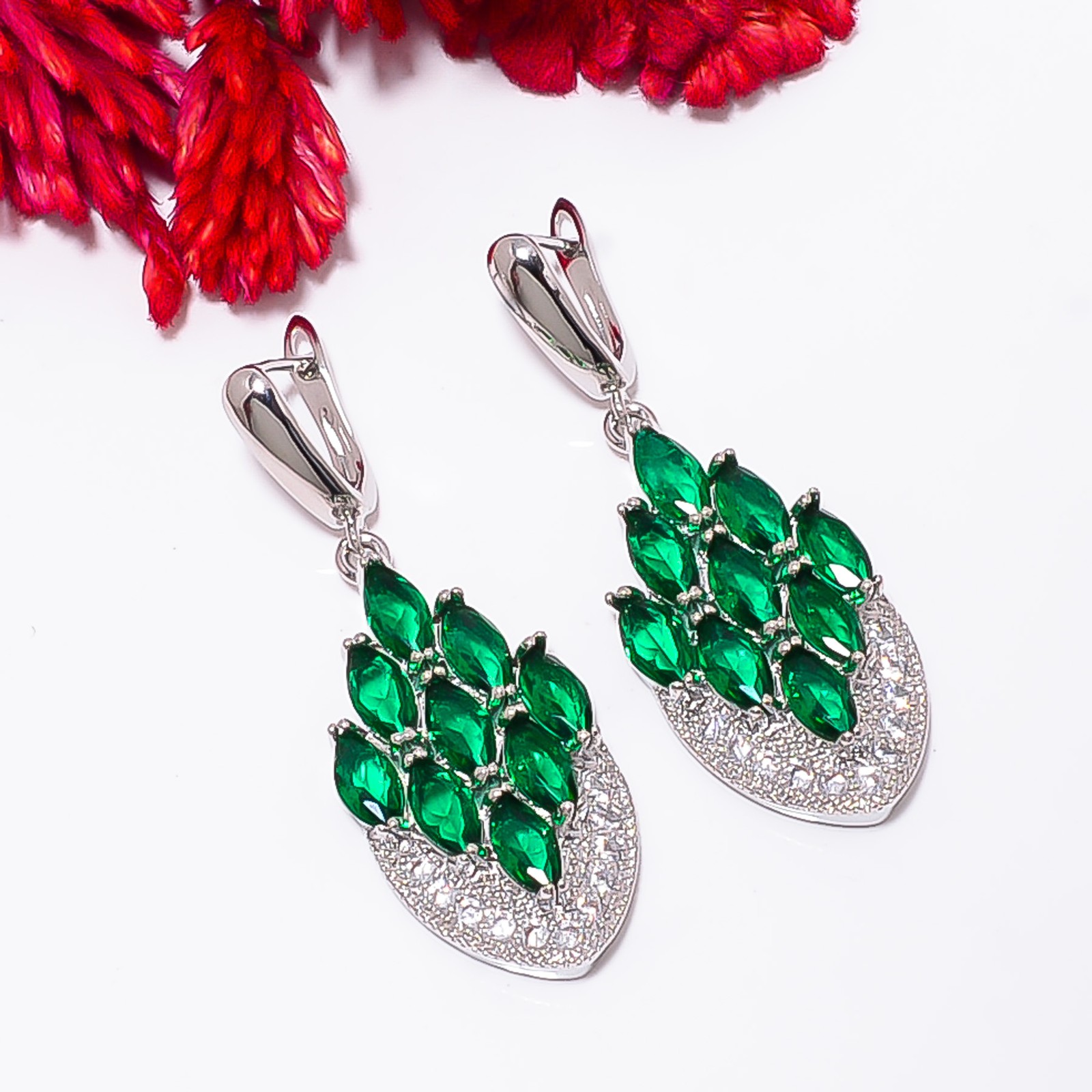 Tsavorite & Cubic Zirconia 925 Silver Platinum Plated Earring 1.90″ E11574153518