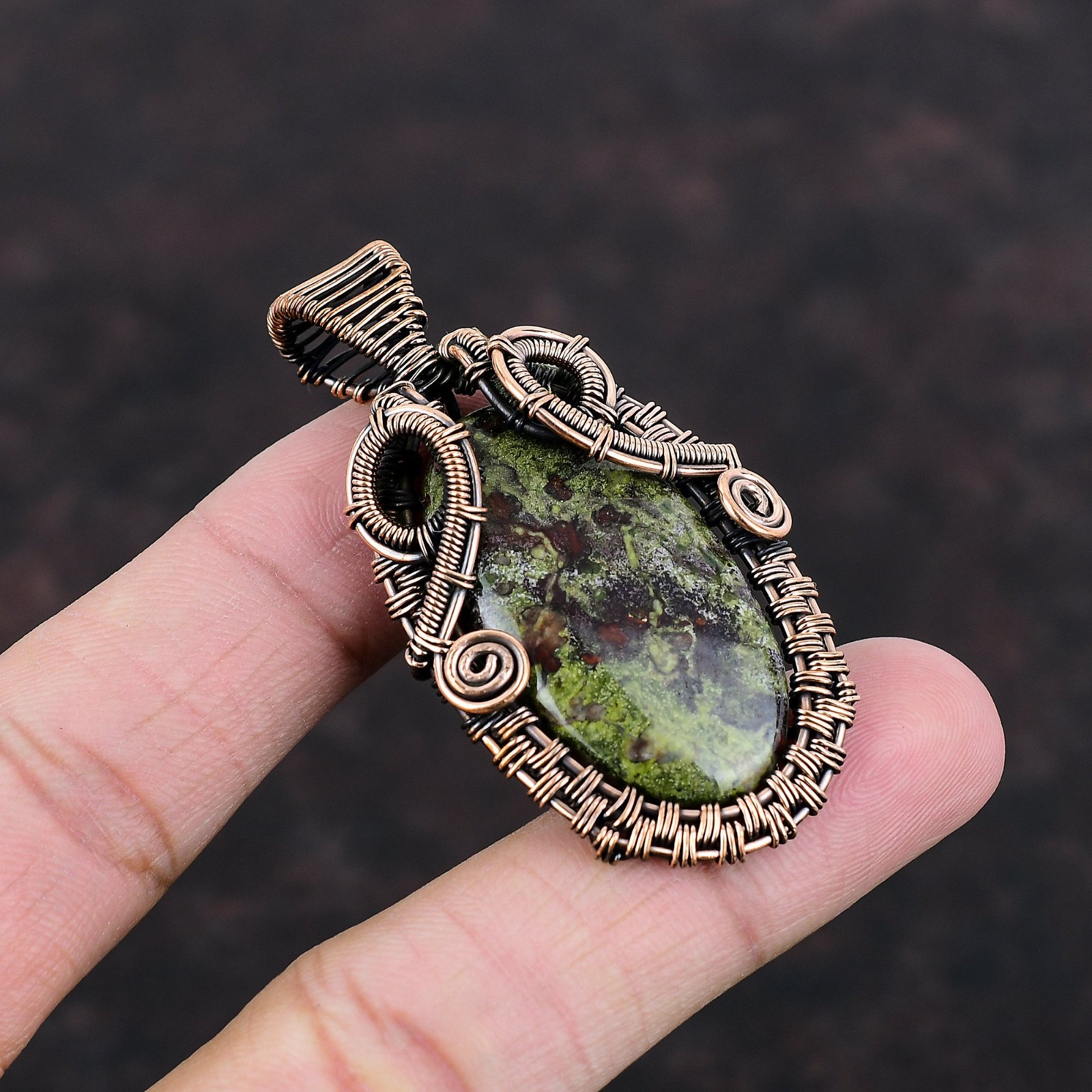 Oval Dragon Bloodstone Gemstone Wedding Wire Wrapped New Pendant Jewelry Copper