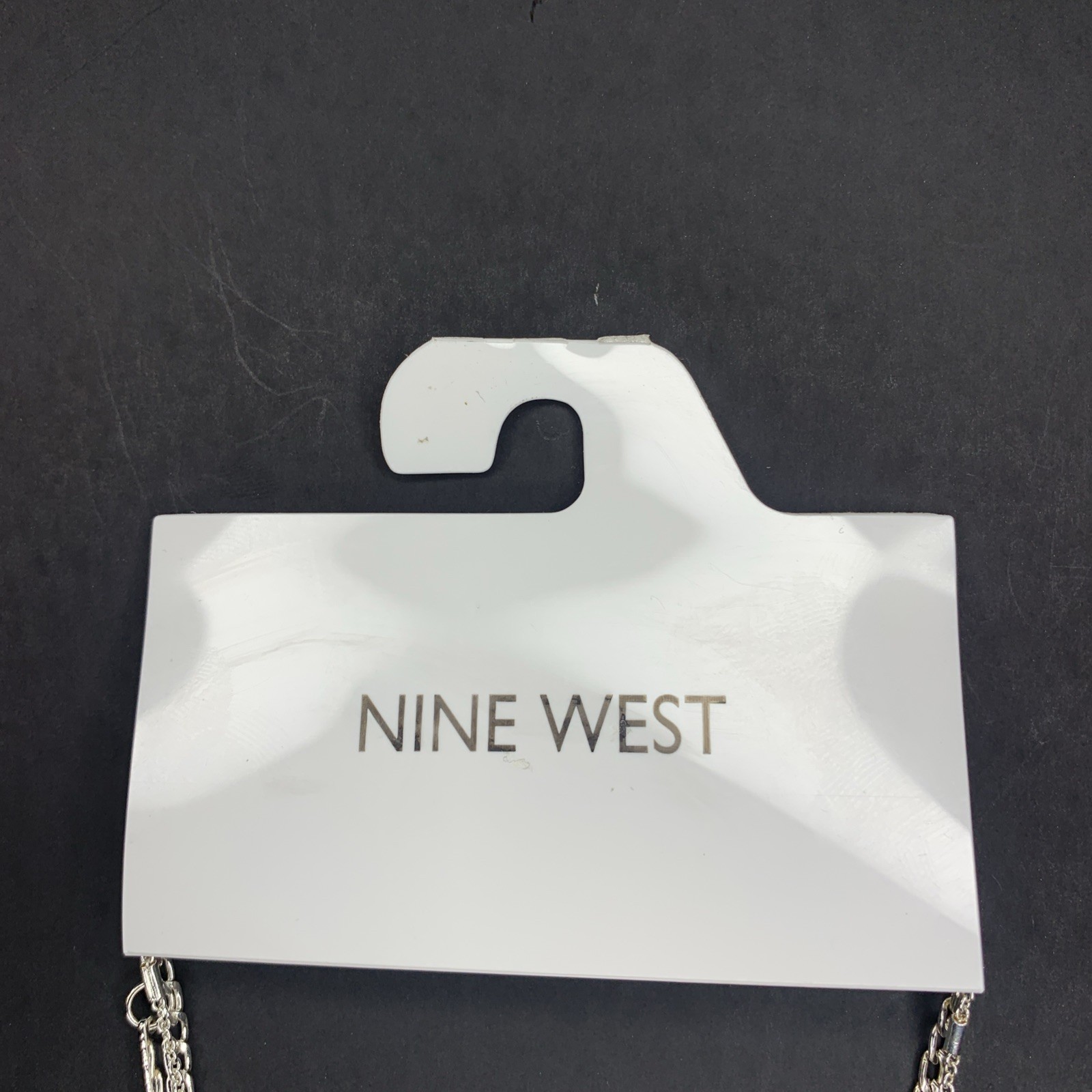 9West Crystal Square Links & Vertical Bar Pendant Layered Necklace Silver Tone