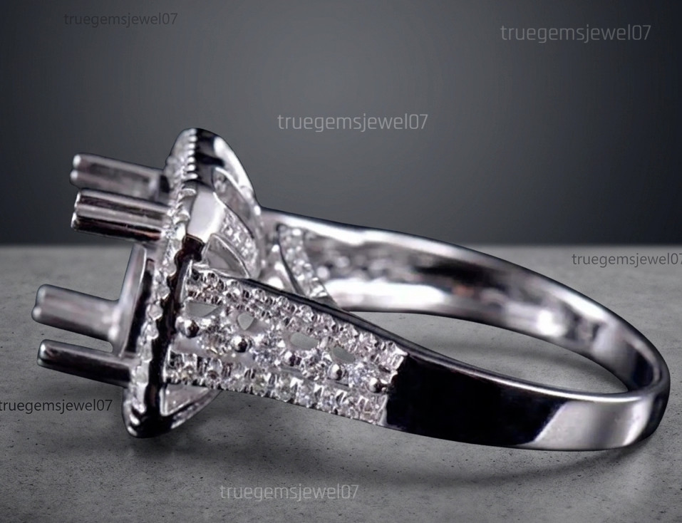925 Silver Ring Semi Mount 10mm Round Cut Cushion Halo Engagement Setting Blank