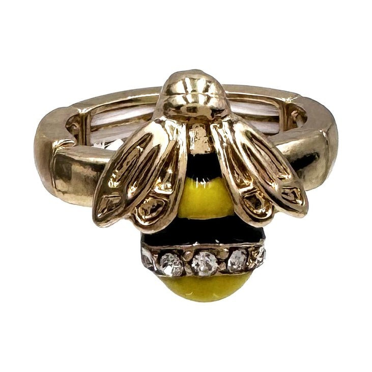 Adjustable Bee Cocktail Ring Gold Tone Yellow Black Clear Crystal Rhinestones