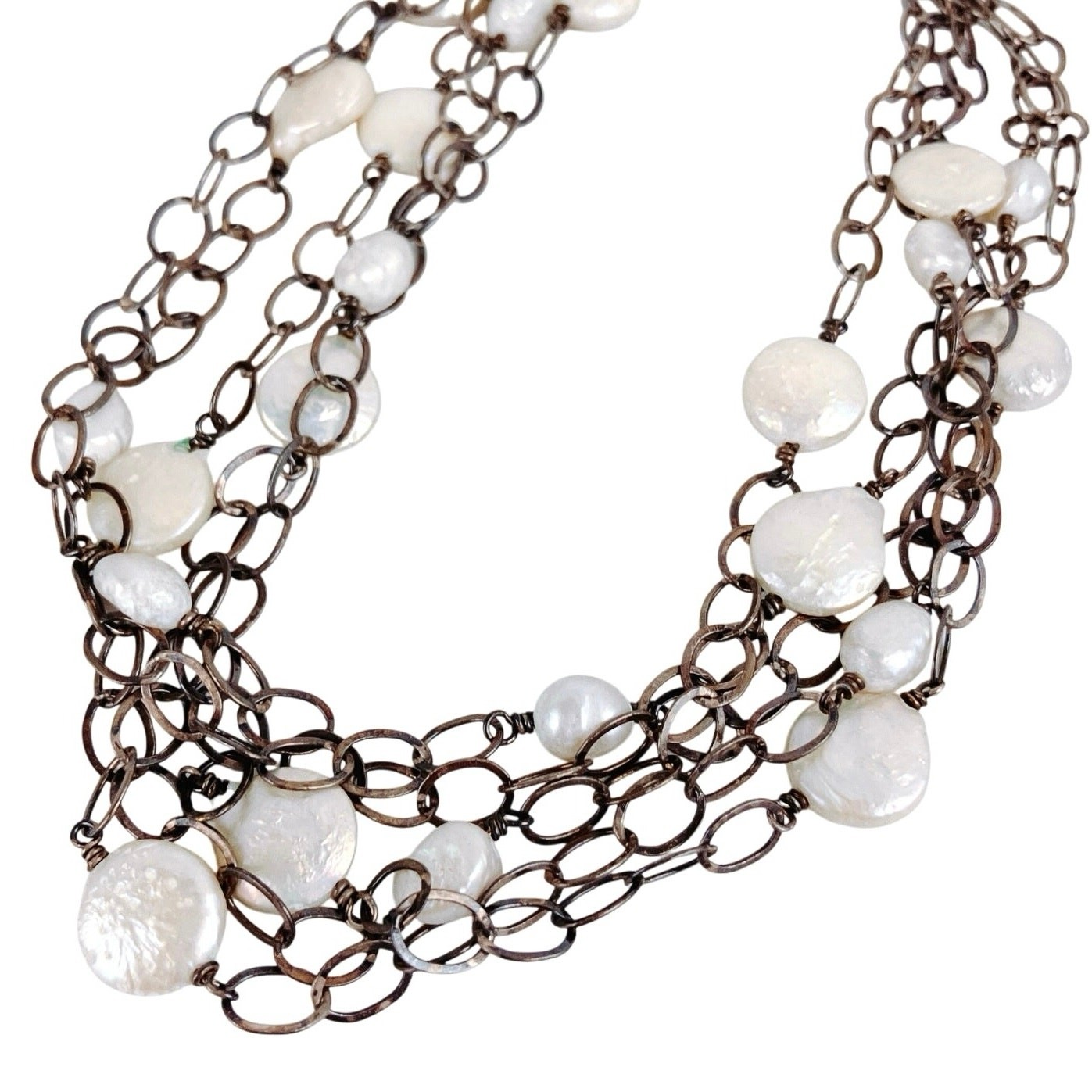 Multi-Strand Pearl Necklace on Oxidized Silver Chain, Boho Style, 13.5″ – 16.5″