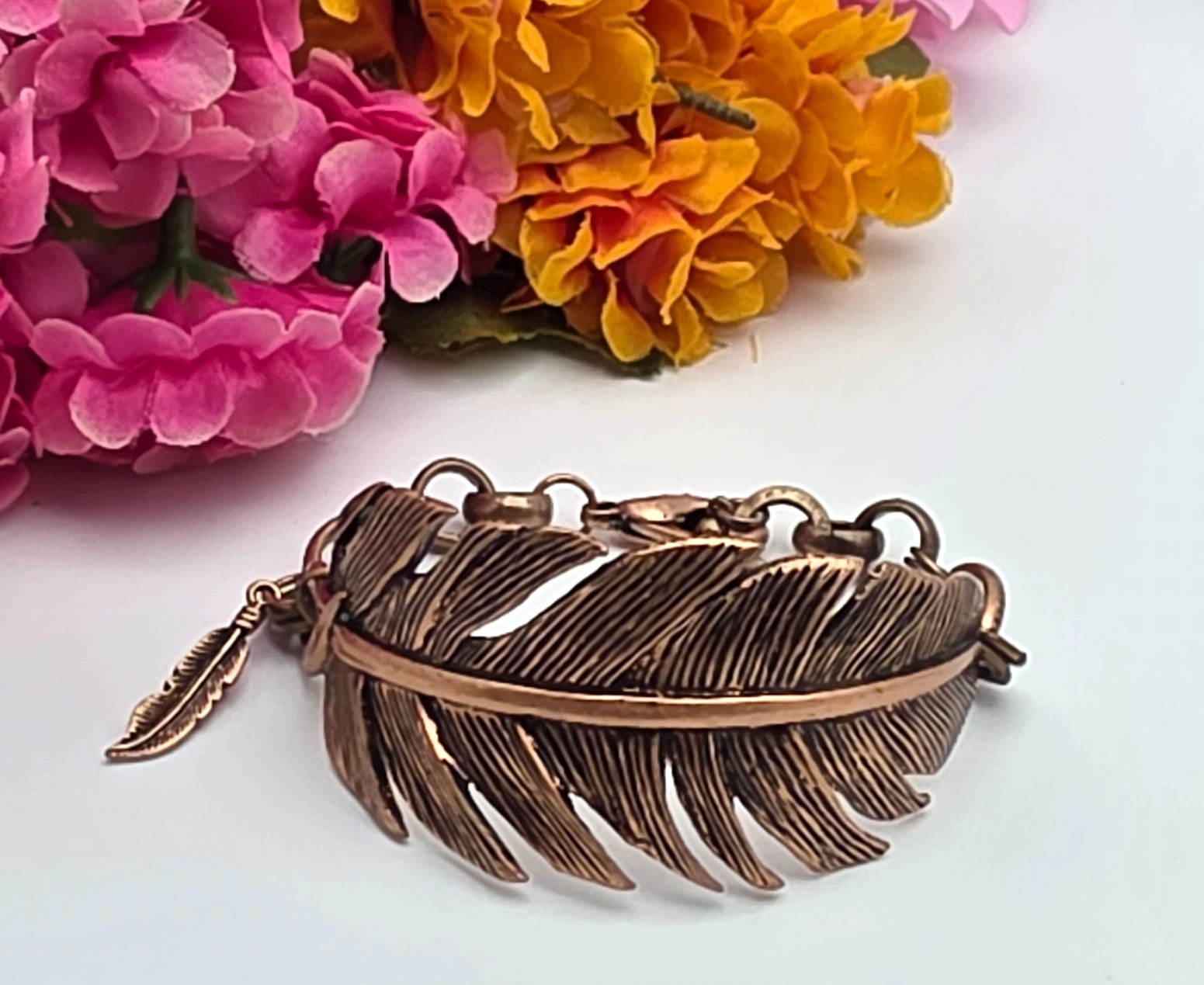 Copper Tone Feather Bracelet Adjustable 6 To 7.5 In Faux Pearl Dangle Charm Boho
