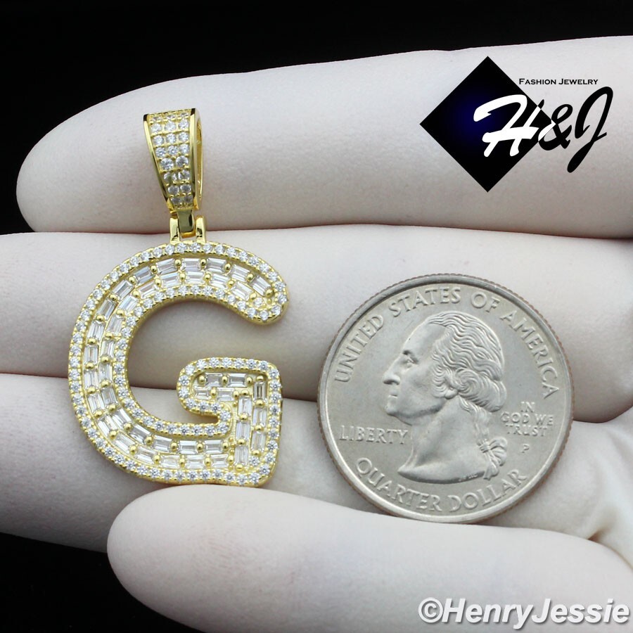 925 STERLING SILVER BLING BAGUETTE CZ GOLD PLATED INITIAL LETTER “G” PENDANT*412
